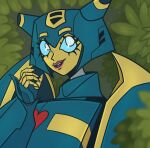  1girl armor blue_eyes derpderplazy english_commentary fingernails glyph_(transformers) helmet highres horns humanoid_robot looking_at_viewer pink_lips robot robot_girl science_fiction sharp_fingernails shoulder_armor smile solo transformers transformers_animated 