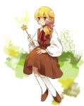  1girl blonde_hair bow brown_dress brown_eyes brown_footwear character_request closed_mouth collared_shirt commentary_request copyright_request dress flat_chest hair_bow highres holding holding_wand kaigen_1025 low_ponytail neck_ribbon pinafore_dress pink_bow red_ribbon ribbon shirt side_ponytail sleeveless sleeveless_dress socks solo wand white_shirt white_socks 