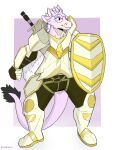 ambiguous_gender anthro armor avali avian clothing eyewear feathers full-length_portrait glasses heavy heavy_weight hi_res kerolink knight male melee_weapon pink_body portrait ruffusbleu shield simple_background solo sword tail warrior weapon yellow_armor