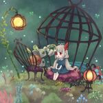  1girl antenna_hair blue_dress cage commentary_request cushion dress enodin full_body grass grey_hair highres lantern long_hair looking_at_another low_twintails missing_eye mushroom open_mouth red_eyes robot sitting smile toriko_(void_terrarium) twintails void_terrarium 