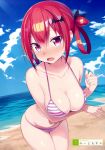  1girl absurdres arm_under_breasts artist_name beach bikini blue_sky blurry blurry_background blush breast_hold breasts cleavage collarbone day depth_of_field dutch_angle eyebrows_visible_through_hair fang fisheye gabriel_dropout greatmosu hair_between_eyes hair_ornament hair_rings halterneck highres kurumizawa_satanichia_mcdowell large_breasts navel open_mouth outdoors pink_eyes red_hair scan short_hair sky solo string_bikini striped striped_bikini swimsuit 