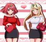  2girls alternate_costume artist_name bangs bare_shoulders blonde_hair blush breasts choker commentary commentary_request dual_persona eyebrows_visible_through_hair gem gift gradient hair_ornament headpiece heart highres hikari_(xenoblade_2) holding holding_gift homura_(xenoblade_2) jewelry large_breasts long_hair looking_at_viewer multiple_girls nintendo patdarux pink_background red_eyes red_hair shiny shiny_skin short_hair skirt smile sweater swept_bangs thighs tiara tsundere valentine very_long_hair white_background xenoblade_(series) xenoblade_2 yellow_eyes 