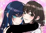  2girls actress ado_(utaite) blue_eyes blue_hair blush brown_eyes brown_hair chando_(ado) closed_mouth cloud_nine_inc colored_inner_hair commentary_request dark_blue_hair hamabe_minami hug long_hair looking_at_viewer mole mole_under_eye multicolored_hair multiple_girls parted_lips pink_background pink_nails real_life riseno short_hair sidelocks sparkle upper_body utaite yuri 