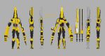 5_fingers absurd_res ambiguous_gender bigrock black_body concept_art empty_eyes featureless_chest featureless_crotch fingers front_view glowing glowing_eyes grey_background hi_res humanoid long_head machine melee_weapon model_sheet official_art rear_view robot robot_humanoid side_view signature simple_background solo spine standing sword swordsmachine_(ultrakill) weapon white_eyes wire yellow_body