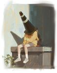  1girl absurdres artist_name backpack bag english_commentary highres jacket long_sleeves original shoes sitting sneakers socks solo thien_ngo traffic_cone_on_head white_socks yellow_jacket 