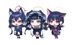  3girls :d animal_ear_fluff animal_ears bare_shoulders black_gloves black_hair black_jacket black_skirt blue_archive blunt_bangs blush cat_ears chibi colored_inner_hair dog_ears dog_girl dog_tail extra_ears fishnet_pantyhose fishnets gloves goggles goggles_on_head hair_ribbon halo hibiki_(blue_archive) highres hood hooded_jacket jacket kazusa_(blue_archive) long_hair long_sleeves multicolored_hair multiple_girls open_mouth pantyhose pink_hair pleated_skirt purple_eyes red_eyes ribbon serika_(blue_archive) shoes short_hair simple_background skirt smile standing sumutemu tail two-tone_hair very_long_hair white_background 