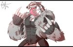  2019 5_fingers abs absurd_res biceps black_and_white_fur black_bars black_nose chest_tuft chinou_nagesuki fingers hi_res letterbox male muscular muscular_male nintendo obstagoon open_mouth pecs pok&eacute;mon pok&eacute;mon_(species) red_eyes signature simple_background solo tongue tongue_out tuft video_games white_background 