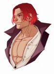 1boy abs artist_name black_eyes closed_mouth collarbone commentary english_commentary facial_hair male_focus one_piece red_hair scar scar_across_eye scar_on_face shanks_(one_piece) short_hair sid_(skxviii) simple_background solo white_background 