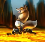 anthro armello bodily_fluids burning butt butt_on_fire canid canine cream.pup detailed_background female fire fox lava mammal open_mouth pain scarlet_(armello) solo tail tears