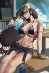  1girl baseball_cap bikini black_bikini breasts brown_hair collarbone cup drinking drinking_straw final_fantasy final_fantasy_vii final_fantasy_vii_remake hat highres large_breasts long_hair looking_at_viewer low-tied_long_hair navel red_eyes silvertsuki solo swimsuit thighs tifa_lockhart 