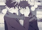  2boys blush charlemagne_(fate) daikotaiko fate/grand_order fate_(series) fujimaru_ritsuka_(male) greyscale hand_on_another&#039;s_head highres jacket monochrome multicolored_hair multiple_boys scarf shared_clothes shared_scarf shin_(amefrogs) winter_clothes yaoi 