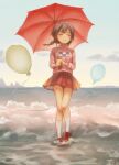  1girl balloon blue_sky blush brown_hair closed_eyes closed_mouth cloud depressionist47 double-parted_bangs foaming_waves full_body hands_up heel_up holding holding_umbrella horizon in_water kneehighs legs loafers long_hair long_sleeves low_twintails madotsuki miniskirt ocean outdoors pigeon-toed pink_sweater pleated_skirt rain red_footwear red_skirt red_umbrella shoes signature skirt sky smile socks solo standing sweater turtleneck turtleneck_sweater twintails umbrella waves white_socks wind yume_nikki 