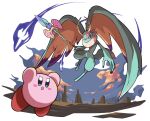  antlers battle blush_stickers colored_skin fecto_elfilis furry highres holding holding_staff kirby kirby_(series) kirby_and_the_forgotten_land multicolored_eyes pink_skin poyo_party staff tail wing_ears 
