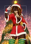 2023 anthro belt breasts christmas christmas_clothing christmas_headwear christmas_tree cleavage clothed clothing female fur gloves hair hand_on_hip handwear hat headgear headwear hi_res holding_mistletoe holding_object holidays keiron_white legwear looking_at_viewer mammal mistletoe mustelid one_eye_closed otter plant santa_hat signature smile smiling_at_viewer solo standing stockings tree viviane_brooks wink winking_at_viewer