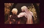  2boys arm_around_shoulder armor bangle black_gloves black_jacket blonde_hair blue_corset bracelet braid cloud_strife corset crossdressing facing_away final_fantasy final_fantasy_vii final_fantasy_vii_rebirth final_fantasy_vii_remake fireworks from_behind gloves gondola grey_hair jacket jewelry long_hair long_sleeves male_focus multiple_boys official_alternate_costume puffy_short_sleeves puffy_sleeves ringomell_ura sephiroth short_sleeves shoulder_armor spiked_hair twin_braids upper_body yaoi 