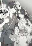  2boys anniversary astolfo_(fate) black_hair breasts charlemagne_(fate) crossdressing daikotaiko fate/grand_order fate_(series) floral_print fujimaru_ritsuka_(male) greyscale hair_ribbon hand_fan highres japanese_clothes jinbei_(clothes) kimono looking_at_viewer mask mask_on_head monochrome multicolored_hair multiple_boys paper_fan ribbon shin_(amefrogs) twintails yukata 