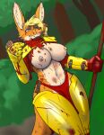 anthro armor big_breasts blonde_hair blood blood_on_body blood_on_hand bodily_fluids bottomwear breasts brown_nose canid canine clothing crumbs damaged_armor dessert detailed_background eating eating_food female food fox fur gauntlets gloves green_eyes hair handwear hi_res izalith_neferith lips loincloth long_ears mammal messy nipples orange_body orange_fur outside pie pie_slice pink_nipples plant scar shoulder_pads shrub solo stick tan_body tan_fur torn_clothing tree usuario2_(artist)