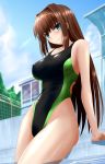  1girl aozaki_aoko black_swimsuit blue_sky blurry brown_hair building cloud commentary_request competition_swimsuit covered_nipples cowboy_shot day depth_of_field fence from_below green_eyes highleg highleg_swimsuit highres long_hair mahou_tsukai_no_yoru one-piece_swimsuit outdoors sky solo swimsuit water yuuk33 