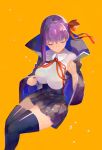  1girl absurdres bangs bb_(fate)_(all) black_legwear black_skirt breasts cape closed_eyes collared_shirt fate/extra fate/extra_ccc fate/grand_order fate_(series) feet_out_of_frame highres invisible_chair large_breasts long_hair long_sleeves orange_background petals pleated_skirt purple_hair red_neckwear shirt simple_background sitting skirt smile solo thighhighs ugusu24 white_shirt wide_sleeves zettai_ryouiki 