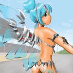  1girl aqua_eyes aqua_hair bikini black_gloves breasts butt_crack double_bun eyewear_on_head fingerless_gloves fuhrer_schlaf full_body gloves hair_bun hatsune_miku headset heart_hair_bun mechanical_wings nail_polish navel open_mouth race_queen racing_miku racing_miku_(2013) racing_miku_(2013_sepang_ver.) smile solo stomach sunglasses swimsuit tan vocaloid white_bikini wings 