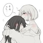  2girls blush bob_cut breast_sucking breasts closed_eyes collarbone commentary_request ear_blush greyscale hands_on_another&#039;s_head highres inoue_takina large_breasts long_hair long_sleeves lycoris_recoil monochrome multiple_girls neck_blush nishikigi_chisato off_shoulder open_clothes open_shirt parted_lips red_eyes short_hair shoulder_blush sidelocks simple_background spot_color sweat thought_bubble translation_request yarou_(0tyaro) yuri 