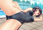  1girl black_hair black_one-piece_swimsuit breasts cameltoe chain-link_fence competition_swimsuit covered_navel covered_nipples cowboy_shot fence highres kuri_(kurigohan) lying medium_breasts on_side one-piece_swimsuit original out-of-frame_censoring pool poolside red_eyes short_hair smile solo spread_legs swimsuit 