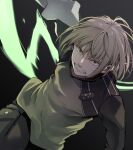  1boy angry black_background blonde_hair charging_forward clenched_teeth cowboy_shot dutch_angle energy_sword furrowed_brow glowing green_eyes grey_hair highres long_sleeves looking_ahead male_focus morita_yuu outstretched_arm pants pocket reghindetz short_hair simple_background solo sword teeth uniform weapon world_trigger 