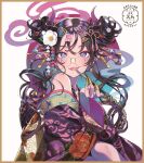  1girl 2024 bare_shoulders black_hair blue_eyes chinese_zodiac double_bun dragon_girl dragon_horns earrings facial_mark finger_cots flower glasses hair_bun hair_flower hair_ornament hairclip heart heart_facial_mark holding holding_smoking_pipe horns japanese_clothes jewelry kimono kiseru long_hair looking_at_viewer morikura_en off_shoulder original pointy_ears print_kimono round_eyewear second-party_source slit_pupils smile smoking_pipe solo teardrop_facial_mark textless_version upper_body year_of_the_dragon 