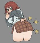  1girl ass ass_focus bob_cut breasts cropped_legs from_behind grey_background highres kim_pine long_sleeves looking_at_viewer looking_back middle_finger pantsu-ripper red_hair scott_pilgrim_(series) short_hair simple_background solo star_(symbol) 
