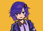  1girl a.i._voice adpx black_jacket collared_shirt crying crying_with_eyes_open detached_hair dress_shirt frown furrowed_brow hair_ornament highres jacket looking_at_viewer open_clothes open_jacket open_mouth pink_shirt purple_armband purple_eyes purple_hair shirt short_hair_with_long_locks simple_background solo tears upper_body voiceroid yellow_background yuzuki_yukari yuzuki_yukari_(a.i._voice) 