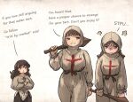  3girls brown_eyes brown_hair cross crossed_arms english_text engrish_text habit holding holding_weapon ironlily lady_lucerne_(ironlily) long_hair long_sleeves medieval multiple_girls ordo_mediare_sisters_(ironlily) ranguage sword twin_braids_sister_(ironlily) weapon wooden_sword 