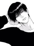  1boy collarbone expressionless fushiguro_touji greyscale highres jujutsu_kaisen lips long_sleeves looking_at_viewer male_focus monochrome portrait scar scar_on_face short_hair solo sso_s sweater white_background 