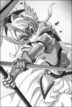  1girl armor greyscale holding holding_polearm holding_weapon long_hair looking_at_viewer mask mondaiji-tachi_ga_isekai_kara_kuru_sou_desu_yo? monochrome polearm ponytail weapon 