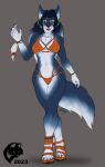2023 5_fingers 5_toes anthro bikini bikini_bottom bikini_top black_nose blue_body blue_fur blue_hair bracelet breasts canid canine canis chest_tuft claws clothed clothing digital_media_(artwork) ear_piercing ear_ring feet female fingers flat_colors footwear fur ghostwolf hair high_heeled_sandals high_heels hindpaw hoop_ear_ring humanoid_hands jewelry mammal multicolored_body multicolored_fur navel open_mouth open_smile paws piercing red_bikini red_bikini_bottom red_bikini_top red_clothing red_swimwear ring_piercing sandals signature smile solo standing swimwear teeth toe_claws toes tongue tuft two_tone_body two_tone_fur white_body white_fur willow_rose wolf