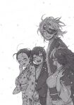 1boy 3girls blush breasts earrings eyepatch facing_to_the_side facing_viewer floating_hair greyscale hair_pulled_back hand_on_another&#039;s_arm hand_on_another&#039;s_shoulder hand_up haori happy height_difference hetero hinatsuru_(kimetsu_no_yaiba) holding_hands husband_and_wives japanese_clothes jewelry kimetsu_no_yaiba kimono large_breasts long_hair long_sleeves maccya_zatta makio_(kimetsu_no_yaiba) monochrome multicolored_hair multiple_girls obi one_eye_covered open_mouth petals ponytail sash short_hair simple_background suma_(kimetsu_no_yaiba) two-tone_hair uzui_tengen wind 