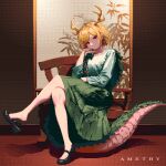  1girl amethy_(19833275) antlers arm_support artist_name black_footwear blonde_hair chair closed_mouth commentary_request crossed_legs dragon_girl dragon_tail full_body green_shirt green_skirt hand_up highres horns kicchou_yachie long_sleeves looking_at_viewer mary_janes pixel_art red_eyes shirt shoe_dangle shoes short_hair sitting skirt solo tail touhou turtle_shell yellow_horns 