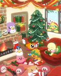  blush_stickers bookshelf box brother_and_sister bun_(kirby) chilly_(kirby) christmas christmas_stocking christmas_tree christmas_wreath commentary_request coo_(kirby) couch escargon fireplace fumu_(kirby) gift gift_box hair_over_eyes highres indoors king_dedede kirby kirby:_right_back_at_ya kirby_(series) nody_(nody_lowmoo) one-eyed open_mouth rick_(kirby) scarf siblings solid_oval_eyes star_(symbol) tokkori_(kirby) toy_train waddle_dee wreath 