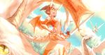  1girl 8tan brown_hair cloud cloudy_sky dragon dragon_girl dragon_horns dragon_tail dragon_wings flag highres holding holding_sword holding_weapon horns original outdoors pointy_ears short_hair sky solo sword tail weapon wings yellow_eyes 