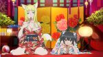  2girls absurdres animal_ears ball bent_over black_hair blonde_hair blue_eyes breasts cleavage dungeon_ni_deai_wo_motomeru_no_wa_machigatteiru_darou_ka floral_print fox_ears fox_girl fox_tail green_eyes hand_fan hestia_(danmachi) highres japanese_clothes kimono large_breasts looking_at_viewer loose_clothes lying multiple_girls new_year official_art on_stomach red_kimono sanjouno_haruhime second-party_source tail twintails white_kimono 
