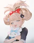  1girl alternate_hairstyle bear_hair_ornament black_shirt blonde_hair bow danganronpa:_trigger_happy_havoc danganronpa_(series) doll enoshima_junko hair_bow hair_ornament holding holding_doll hugging_doll hugging_object looking_at_viewer miying_(ho_ru03_15) red_bow shirt simple_background smile solo tongue tongue_out upper_body white_background 