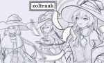  3girls :d absurdres braid capelet commentary crossover egalo elaina_(majo_no_tabitabi) energy_ball english_commentary english_text genshin_impact greyscale hand_on_own_hip hat highres holding holding_staff long_hair looking_to_the_side mage_staff majo_no_tabitabi mona_(genshin_impact) monochrome multiple_girls mushoku_tensei own_hands_together roxy_migurdia simple_background smile speech_bubble staff upper_body white_background witch_hat 