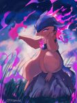  animal_focus artist_name aura closed_mouth commentary_request fire grass highres hisuian_typhlosion night night_sky no_humans on_rock pink_fire pokemon pokemon_(creature) rongai28 sitting sky smile twitter_username 
