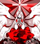  1girl alternate_color closed_eyes closed_mouth collared_shirt colored_skin commentary_request cross dress facing_viewer flat_chest highres kaigen_1025 long_hair multiple_wings open_mouth red_dress red_theme sariel_(touhou) shirt skull smile touhou touhou_(pc-98) white_hair white_shirt white_skin wings 