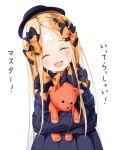  abigail_williams_(fate/grand_order) bandaid_on_forehead bangs black_bow black_dress black_headwear blonde_hair bow closed_eyes crossed_bandaids dress fate/grand_order fate_(series) forehead hair_bow hat keyhole long_hair multiple_bows object_hug orange_bow parted_bangs polka_dot polka_dot_bow ribbed_dress sakazakinchan simon sleeves_past_fingers sleeves_past_wrists smile stuffed_animal stuffed_toy teddy_bear translation_request white_legwear 