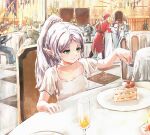  2boys 3girls absurdres cake cake_slice chair choker closed_mouth coat cup dancing dangle_earrings dress drinking_glass drop_earrings earrings elf fern_(sousou_no_frieren) food fork frieren fruit green_eyes grey_hair highres holding holding_fork huijin indoors jewelry multiple_boys multiple_girls official_alternate_costume official_alternate_hairstyle people pointy_ears ponytail purple_hair red_coat red_hair sitting smile solo_focus sousou_no_frieren stark_(sousou_no_frieren) strawberry strawberry_shortcake table white_choker white_dress 