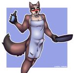 abstract_background anthro apron blush bodily_fluids clothing cooking cookware cxeroannuki domestic_cat embarrassed erection erection_through_clothing felid feline felis frying_pan hi_res hybrid kitchen_utensils male mammal mostly_nude procyonid raccoon solo sweat sweatdrop tools