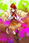  1girl absurdres animal_on_head bird bird_girl bird_on_head bird_tail bird_wings blonde_hair boots brown_footwear chick closed_mouth commentary_request feathered_wings flat_chest full_body hand_up highres kaigen_1025 looking_at_viewer medium_hair multicolored_hair neck_ribbon niwatari_kutaka on_head orange_skirt pink_eyes red_hair red_ribbon ribbon shirt skirt sleeves_past_elbows smile solo tail touhou two-tone_hair white_shirt wings yellow_wings 