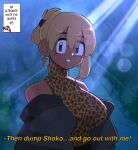  1girl bare_shoulders blonde_hair breasts cheetah_print english_text highres komi-san_wa_komyushou_desu large_breasts lightning_bolt_earrings looking_at_viewer manbagi_rumiko nudiedoodles smile solo subtitled 