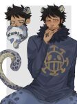  1boy animal_ears black_hair blue_hoodie blue_pants blush chibi closed_mouth commentary denim earrings facial_hair fur_hat goatee hand_on_own_face hand_tattoo hat highres holding holding_clothes holding_hat hood hoodie jeans jewelry leopard_boy leopard_ears leopard_tail long_sleeves looking_at_viewer looking_to_the_side male_focus one_piece pants short_hair sitting tail tattoo trafalgar_law xve009 yellow_eyes 