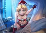  1girl bed blonde_hair breasts cellphone christmas christmas_lights commentary_request fate/grand_order fate_(series) gift gloves green_eyes hat medium_breasts mordred_(fate) mordred_(fate/apocrypha) night phone red_gloves santa_hat smartphone smile snow solo tomboy tonee 